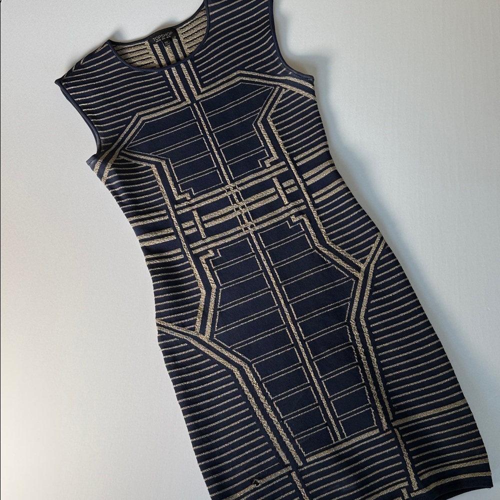 Top Shop Bodycon Dress Blue and Gold Geometric Dress